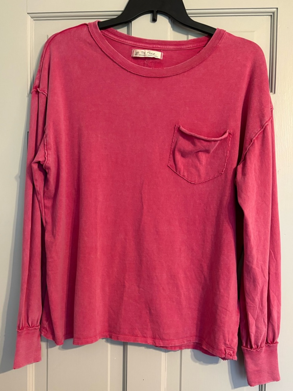 We The Free Small Crew Neck Long Sleeve Cotton Pocket Tee in Bright Pink